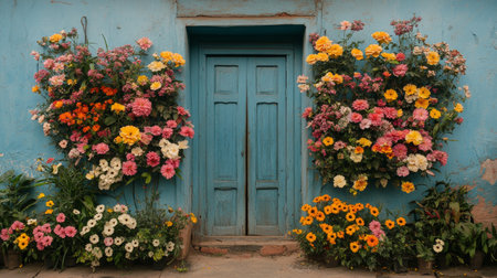 A variety of flowers in colorful pots are displayed on a bright yellow wall. The garden is well lit and features an array of blooms in different colors, showing natures beauty.の素材