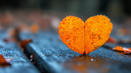 A vibrant green leaf in the shape of a heart lies on weathered wooden planks. The details of the leafs veins are clearly visible under soft, natural light.の素材