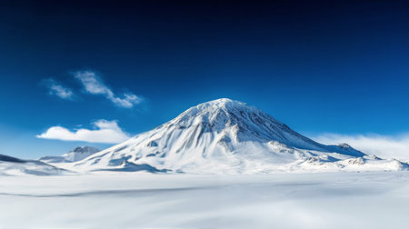 A majestic snow capped mountain rises sharply against a brilliant blue sky. The snowy terrain stretches as far as the eye can see, creating a tranquil and serene atmosphere.の素材