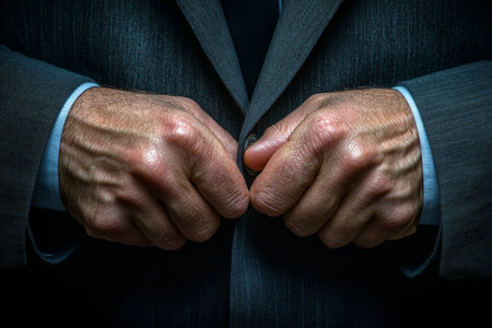 A man wearing a tailored dark suit rests his hands on a black table, creating an atmosphere of contemplation in a softly lit environment. The scene suggests deep thought or preparation.の素材