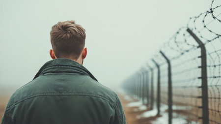 A solitary individual stands silently by a barbed wire fence, looking into the gray distance. The misty atmosphere creates a reflective mood as nature envelops the scene.の素材