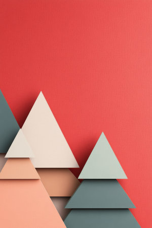 Geometric forms of varying sizes and colors mimic trees against a coral background, showing a creative and minimalist design. The composition features a blend of triangular shapes in soft hues.の素材