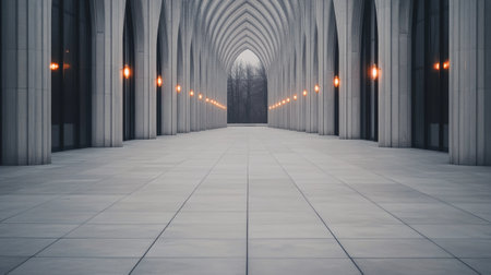 The corridor showcases a series of elegant arches and warm lights along the walls, creating an inviting atmosphere during twilight. The serene surroundings enhance the architectural beauty.の素材