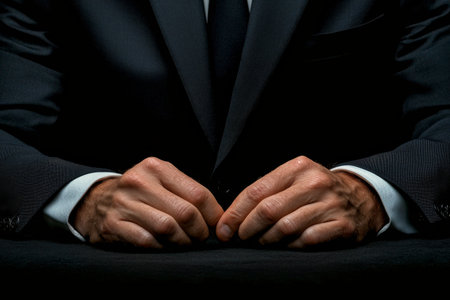 A man wearing a tailored dark suit rests his hands on a black table, creating an atmosphere of contemplation in a softly lit environment. The scene suggests deep thought or preparation.の素材