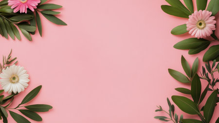Delicate pink and white flowers with lush green leaves are thoughtfully arranged along the edges of a soft pink backdrop, creating a vibrant composition ideal for creative projects and decorations.の素材