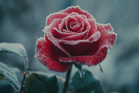 Delicate pink rose petals glisten with frost amid a light snowfall, creating a serene winter atmosphere in the garden. The soft colors contrast beautifully with the snowflakes falling.の素材