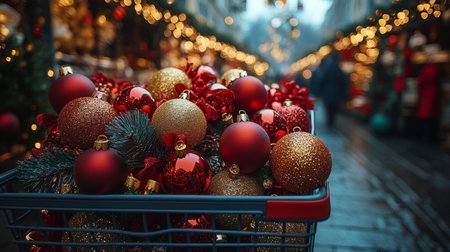The vibrant shopping cart is overflowing with red and gold ornaments, greenery, and poinsettias, set against a charming winter market filled with twinkling lights and holiday cheer.の素材