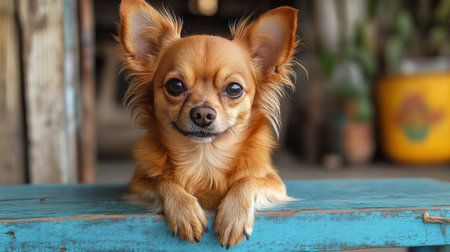 A small, charming Chihuahua with a golden coat leans on a turquoise table, gazing curiously with its big eyes in a vibrant indoor environment filled with colors.の素材