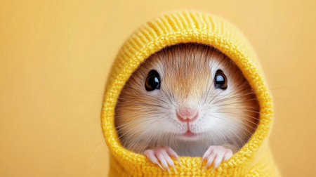 A small hamster peeks out from a vibrant yellow hoodie, its eyes wide and curious. The colorful backdrop enhances the charming expression of this adorable creature.の素材