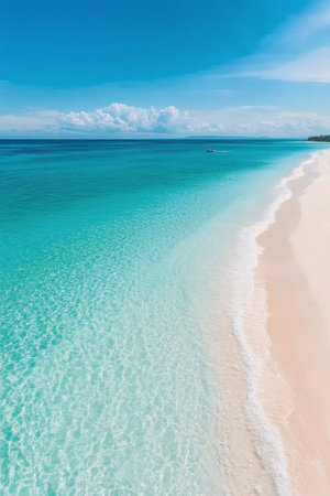 A boat moves gracefully through vibrant turquoise waters, leaving a smooth trail behind it. The shoreline features soft sand, creating a serene contrast against the deep blue ocean.の素材