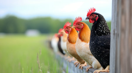 A variety of chickens, displaying different colors and patterns, are perched neatly on a wooden fence. The backdrop features a peaceful rural landscape with fields.の素材