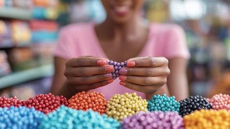 A woman is focused on selecting and arranging vibrant beads in various colors at a craft store. The atmosphere is lively with abundant supplies around her.の素材