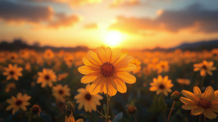 A stunning field of bright yellow tulips stretches towards the horizon under a beautiful sunset.の素材