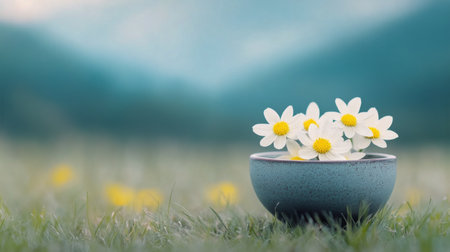A bowl overflowing with cheerful yellow flowers rests on a stone amidst a soft focus grassy field. The warm sunlight creates a peaceful atmosphere, enhancing the flowers colors.の素材