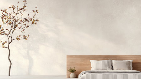 A tall, slender tree and a small succulent are placed in simple pots on a light colored surface. Soft shadows from nearby windows create a tranquil, bright environment, enhancing the natural decor.の素材