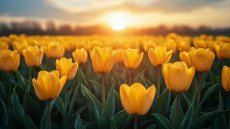 A stunning field of bright yellow tulips stretches towards the horizon under a beautiful sunset.の素材