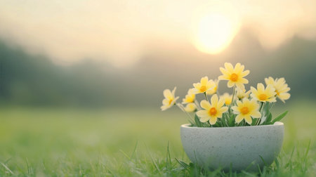 A bowl overflowing with cheerful yellow flowers rests on a stone amidst a soft focus grassy field. The warm sunlight creates a peaceful atmosphere, enhancing the flowers colors.の素材