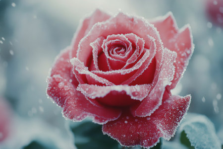 Delicate pink rose petals glisten with frost amid a light snowfall, creating a serene winter atmosphere in the garden. The soft colors contrast beautifully with the snowflakes falling.の素材