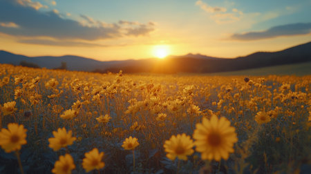A stunning field of bright yellow tulips stretches towards the horizon under a beautiful sunset.の素材