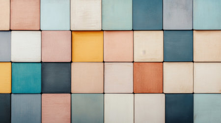 A vibrant display of square blocks in various colors is arranged on a wall, creating an artistic and visually appealing pattern. The colors range from blues to yellows, showing design creativity.の素材