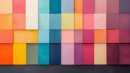 A vibrant display of square blocks in various colors is arranged on a wall, creating an artistic and visually appealing pattern. The colors range from blues to yellows, showing design creativity.の素材