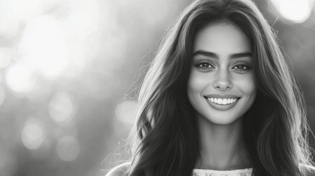 A young woman stands on a beach, smiling brightly under the sun. Her long hair flows gently in the breeze, creating a joyful and carefree atmosphere.の素材