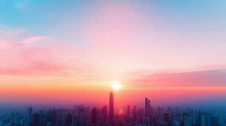 A serene winter day features a frozen, showcasing a clear blue sky and the skyline. Snow covers the shoreline, highlighting the tall buildings against the winter backdrop.の素材