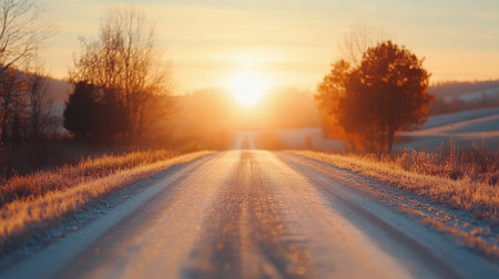 A peaceful moment unfolds as a foggy road stretches ahead, framed by bare trees. The soft glow of sunrise casts a warm light, creating a serene atmosphere in this tranquil landscape.の素材