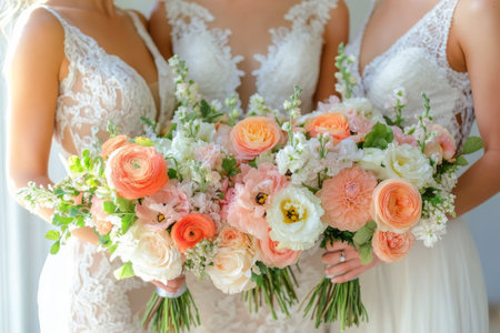 Two brides gracefully display their beautiful bouquets filled with soft pink and white roses, greenery, and delicate blooms, showing casing elegance and charm during a wedding celebration.の素材