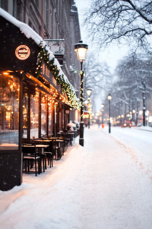 A quiet street blanketed in fresh snow showcases charming storefronts decorated for the winter season. Soft snowflakes fall as streetlights illuminate the peaceful, inviting atmosphere.の素材