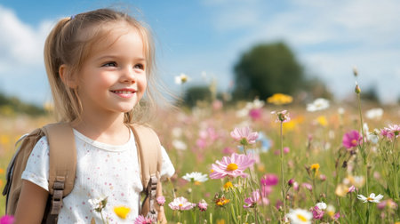 A cheerful girl with a backpack walks through a field full of colorful wildflowers under a clear blue sky. She enjoys the beauty of nature on a warm, sunny day.の素材