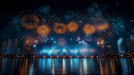Bright fireworks fill the dark sky with vibrant colors, creating a stunning display above silhouetted trees at night during a celebration event. The atmosphere is filled with excitement and joy.の素材