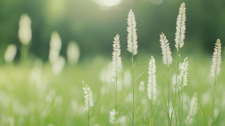 In a tranquil setting, slender grasses sway softly as warm sunlight casts a beautiful glow, creating a peaceful atmosphere for quiet reflection and nature appreciation.の素材