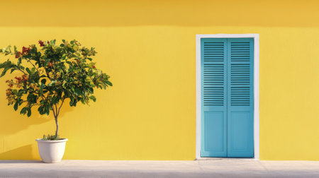 A vibrant yellow wall features a striking blue door with shutters, complemented by a lush green potted plant nearby. The bright colors create a lively urban atmosphere in the daylight.の素材