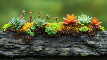 A vibrant collection of succulents displays various colors and shapes on a weathered wooden shelf. Lush green moss complements the arrangement, enhancing the natural beauty of the garden.の素材