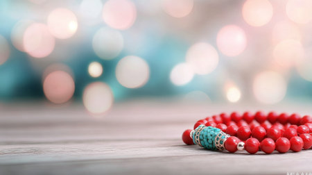 A red bead bracelet featuring a turquoise accent is resting on a wooden surface. The background is a blend of soft colors, creating a bokeh effect that enhances the jewelrys details.の素材