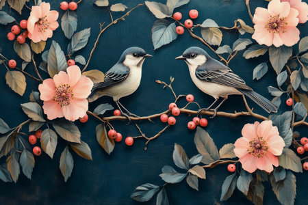 Two small birds are perched among vibrant flowers and berries against a dark background. The peaceful atmosphere showcases the beauty of nature and intricate floral designs.の素材