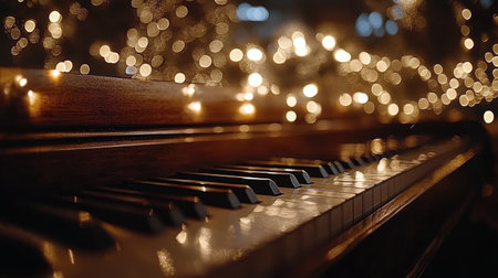The keyboard showcases its shiny black and white keys, illuminated in a cozy setting adorned with warm lights and decorations. The atmosphere evokes a sense of holiday joy and creativity.の素材
