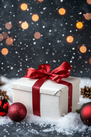 A neatly wrapped gift box with a red ribbon sits on a snowy surface, accompanied by red and white ornaments and pine cones, creating a cozy holiday atmosphere.の素材