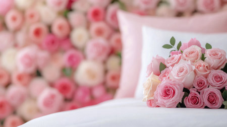 A beautifully arranged bouquet of pink roses lies on a plush bed with scattered petals. Soft twinkling lights create a romantic atmosphere perfect for a special occasion.の素材