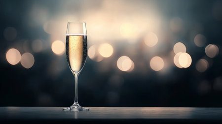 A tall glass filled with sparkling champagne rests on a sleek bar counter. The background features soft, out of focus lights, creating a celebratory atmosphere ideal for gatherings and toasts.の素材
