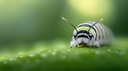 A small, striped insect with large eyes is crawling on a green leaf covered in dewdrops. The image focuses on the intricate details of the insects features in natural light.の素材