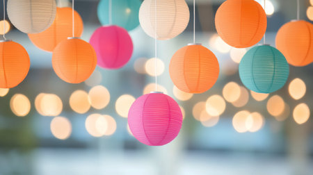 A collection of colorful paper lanterns in various hues hangs from the ceiling, enhancing the cheerful ambiance of the bright space below. Soft, warm lights twinkle in the background.の素材