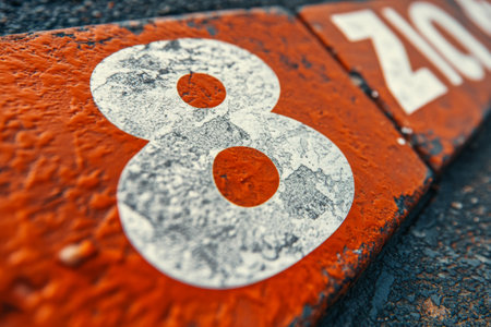 The view from the ground level shows lane eight of a racing track with textured surface captured in the early morning light. The surrounding landscape features trees and distant hills.の素材