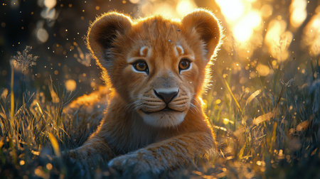 The lion cub lies comfortably in tall grass as the sun sets, casting a warm glow over its fur. The environment is alive with the beauty of nature and gentle light.の素材