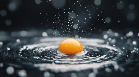 A vibrant egg yolk drops into water, resulting in a beautiful splash. Ripples and droplets surround the yolk, all against a dark background that enhances the motion and color contrast.の素材