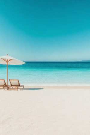 A peaceful beach showcases a sun lounger beside an umbrella, surrounded by clear turquoise waters. The sandy shore stretches under a bright blue sky, creating a perfect relaxation spot.の素材