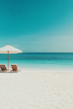 A peaceful beach showcases a sun lounger beside an umbrella, surrounded by clear turquoise waters. The sandy shore stretches under a bright blue sky, creating a perfect relaxation spot.の素材
