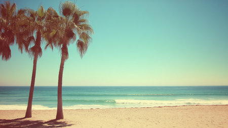 Four palm trees are planted along a sandy beach, reaching towards the ocean waves. The clear sky and calm waters create a tranquil atmosphere perfect for relaxation.の素材