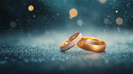 Two beautifully crafted wedding rings are placed on a smooth, reflective surface. The background sparkles with tiny particles, creating a romantic atmosphere perfect for love and commitment.の素材